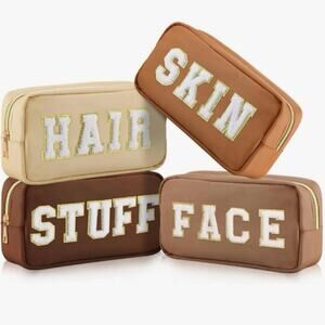 4 Pcs Neutrals Preppy Chenille Letter Patch Hair/Skin/Face/Stuff Makeup Bags